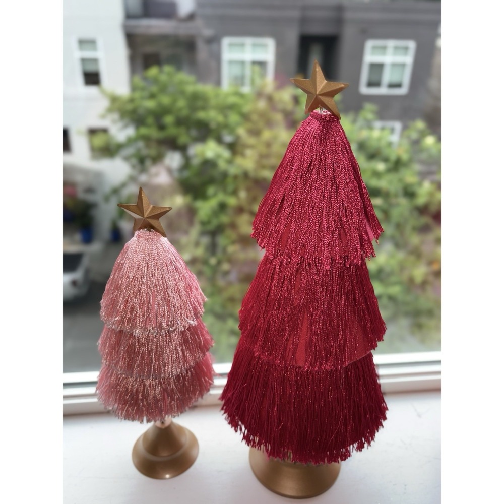 Pink Christmas Trees Set 2 Tassel Fringe Gold Base Tabletop Holiday Decor - Picture 4 of 5